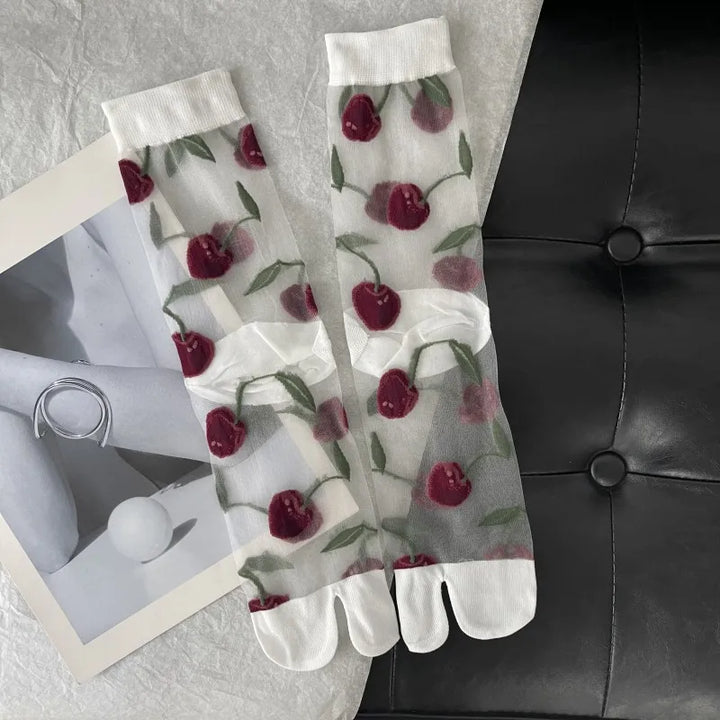 Chaussettes Japonaises Transparentes Cerises Blanc