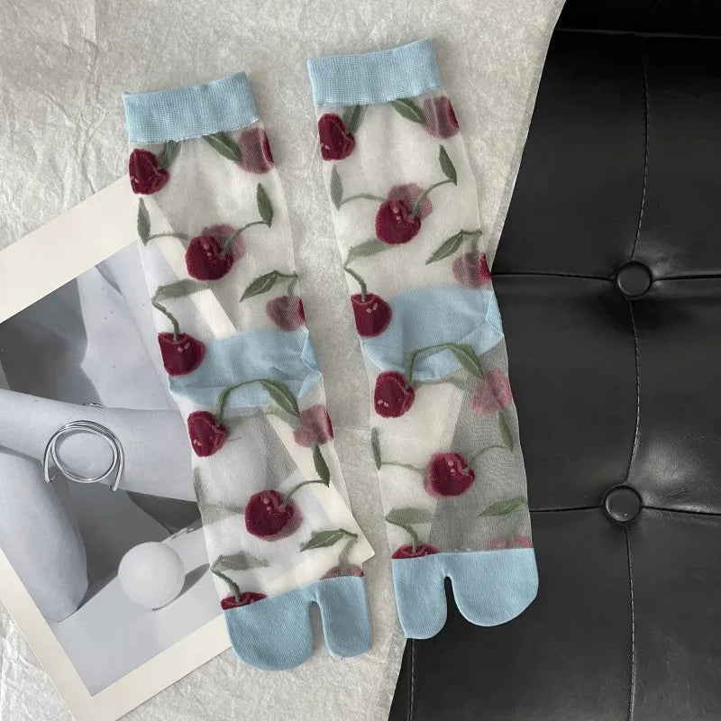 Chaussettes Japonaises Transparentes Cerises Bleu