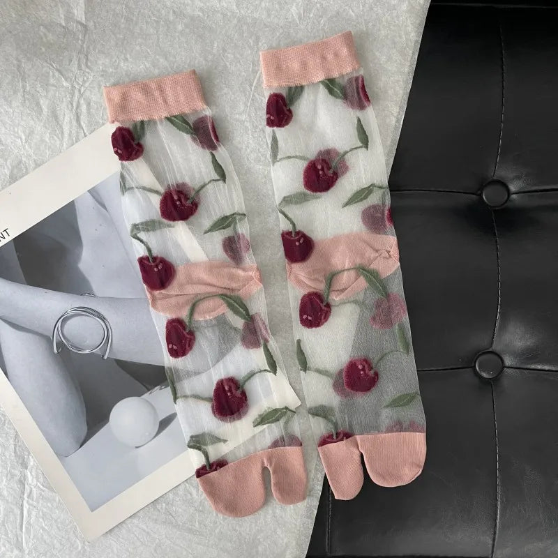 Chaussettes Japonaises Transparentes Cerises Rose