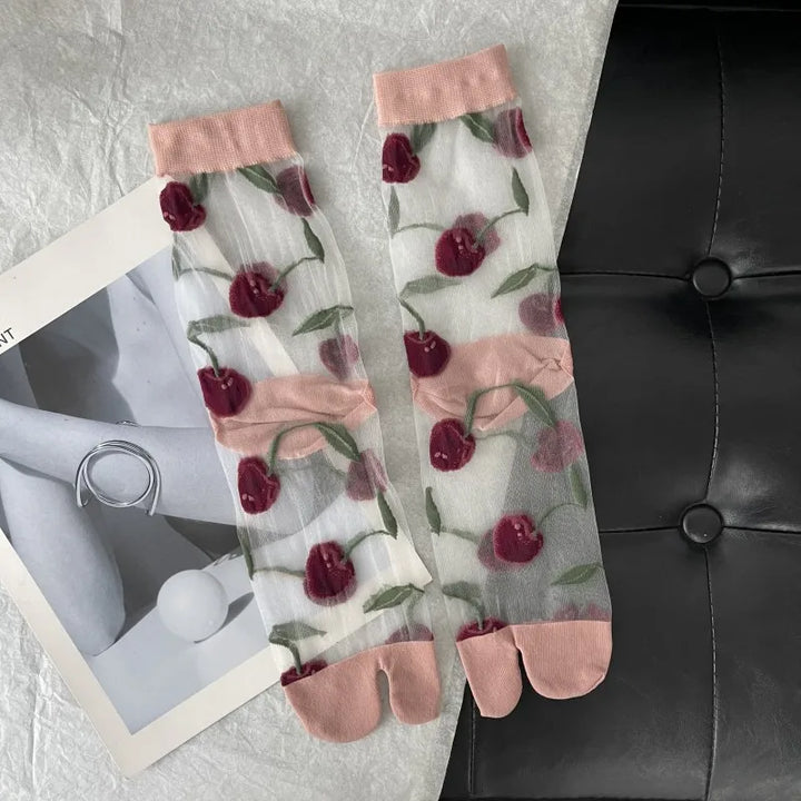 Chaussettes Japonaises Transparentes Cerises Rose