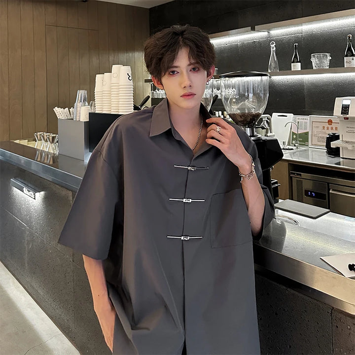 Chemise Japonaise Ample à Manches Courtes Gris