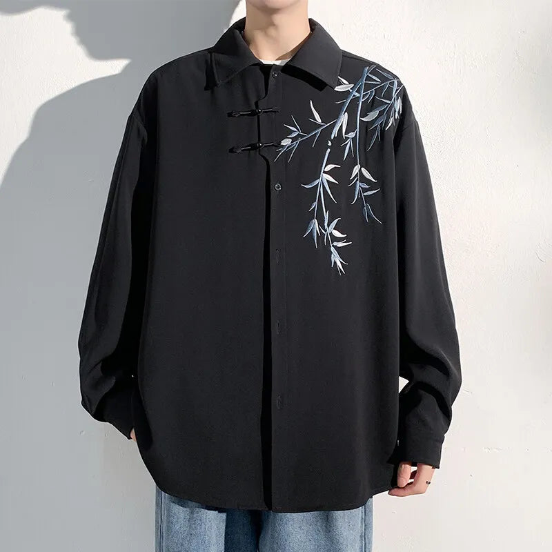 Chemise Japonaise Brodée Bambou Design Noir