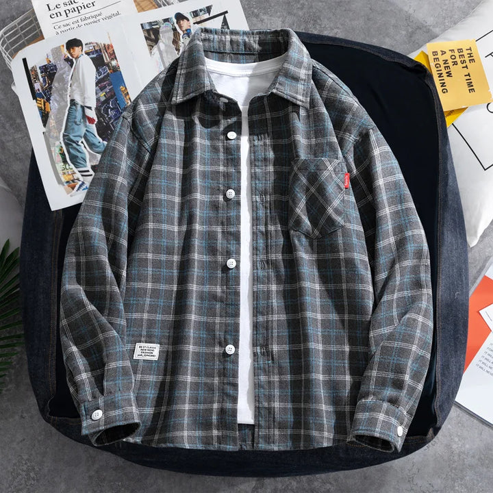 Chemise Japonaise Carreaux à Manches Longues
 Gris
