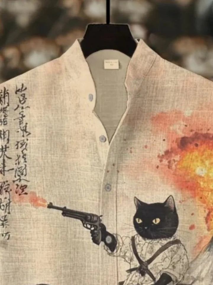 Chemise Japonaise Chat Rétro Léger