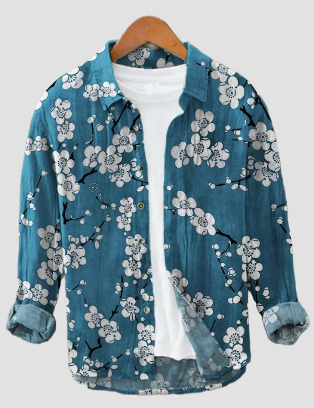 Chemise Japonaise Fleurie Bleue en Lin 