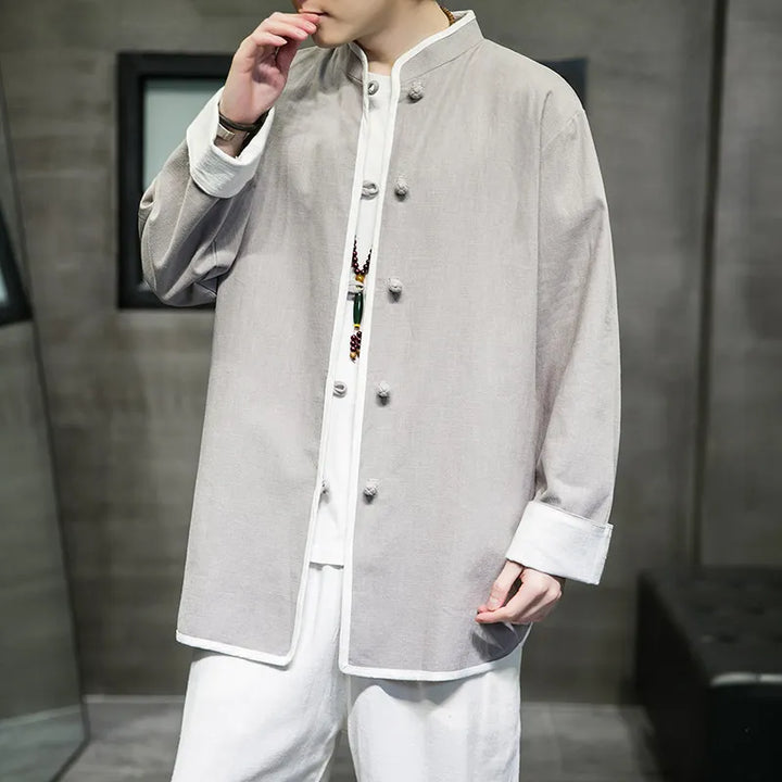 Chemise Japonaise Fluide à Manches Longues Gris