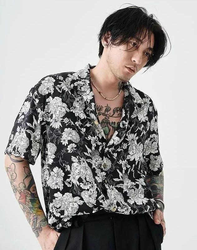 Chemise Japonaise Noire Fleurie Décontractée