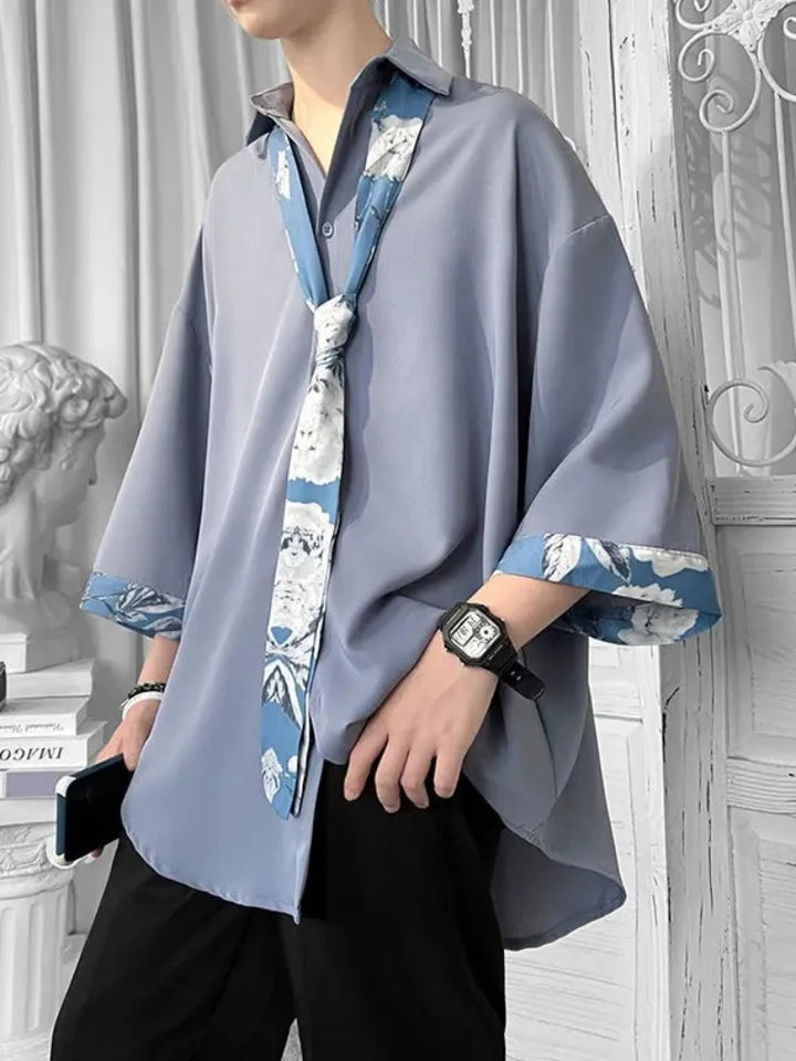 Chemise Japonaise Oversize à Cravate Bleu