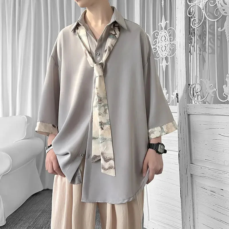 Chemise Japonaise Oversize à Cravate Gris