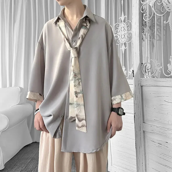 Chemise Japonaise Oversize à Cravate Gris