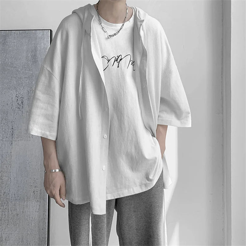 Chemise Japonaise Surdimensionnée à Capuche Blanc