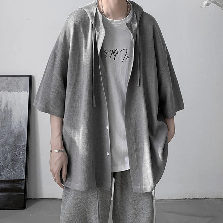 Chemise Japonaise Surdimensionnée à Capuche Gris
