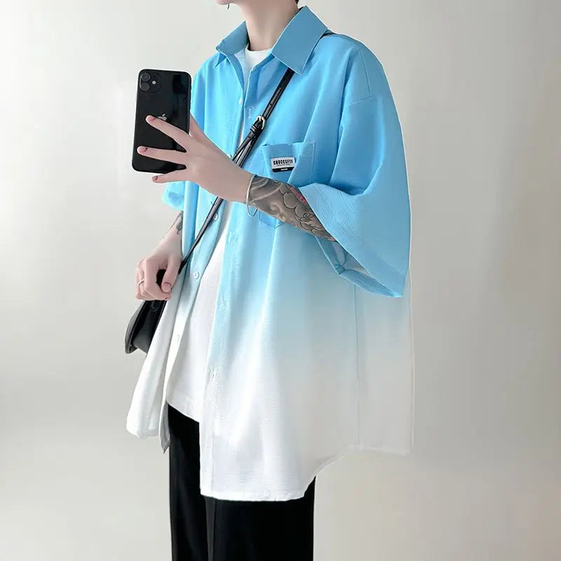 Chemise Japonaise Surdimensionnée Dégradée Bleu