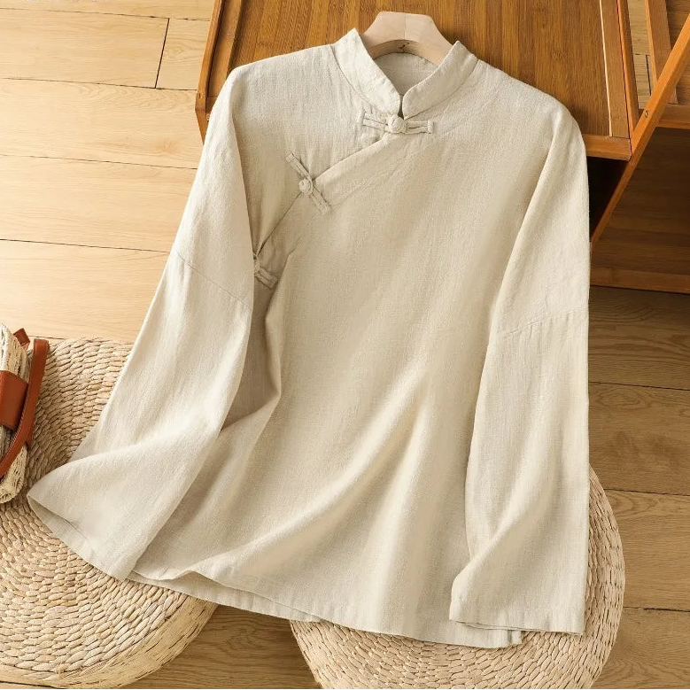 Chemisier Japonais Vintage en Coton et en Lin Beige