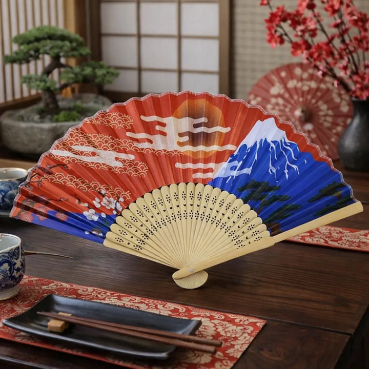 Éventail Japonais Mont Fuji Bleu et Rouge