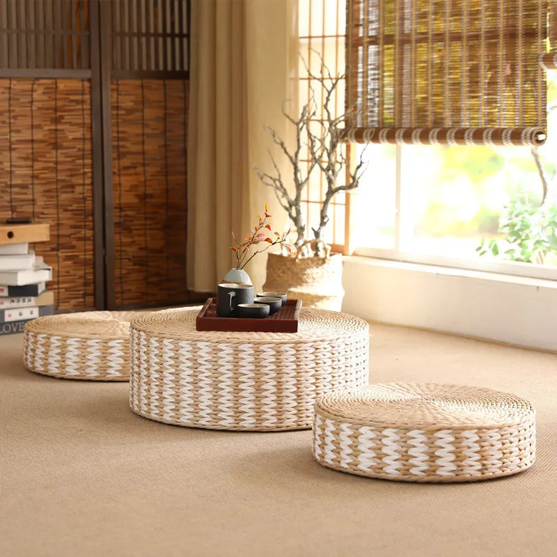 Coussin Japonais en Paille Tissée Beige