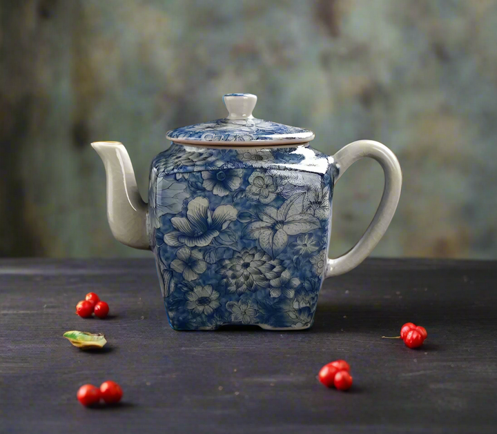 Théière Japonaise Céramique à Fleurs Blanc et Bleu