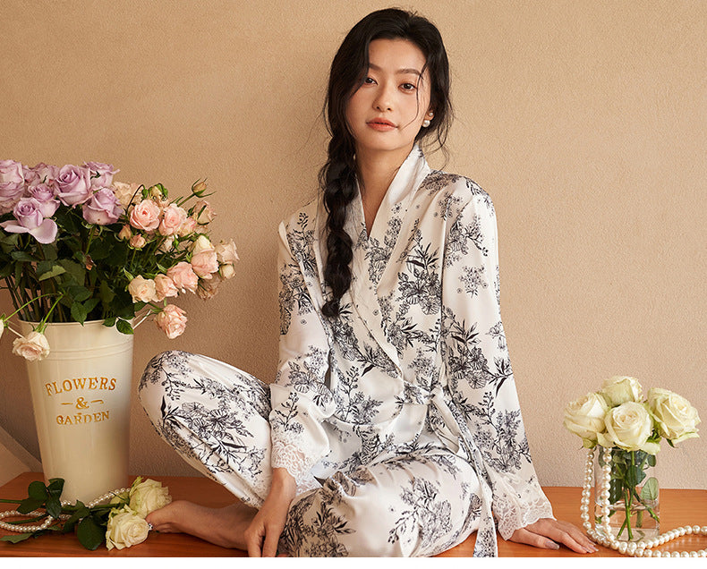 Ensemble Pyjama Kimono Femme Noir et Blanc fluide