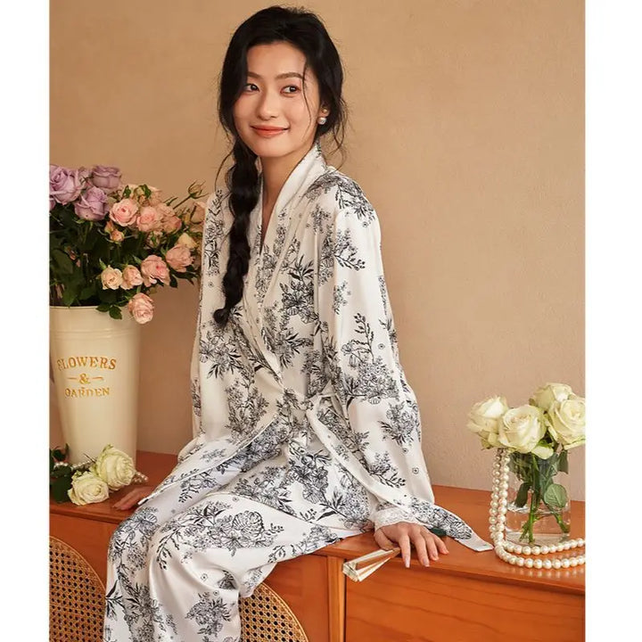 Ensemble Pyjama Kimono Femme Noir et Blanc léger