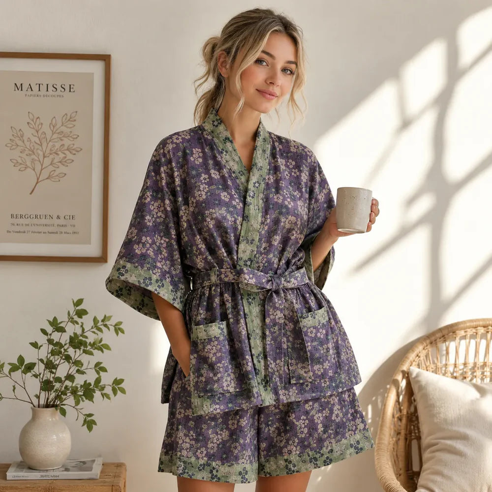Pyjama Japonais Femme Violet Floral Chic