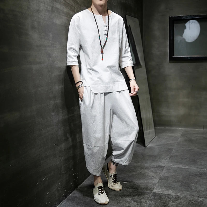 Ensemble T-shirt et Pantalon Japonais en Coton Blanc