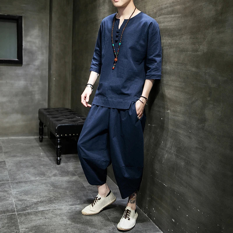 Ensemble T-shirt et Pantalon Japonais en Coton Bleu