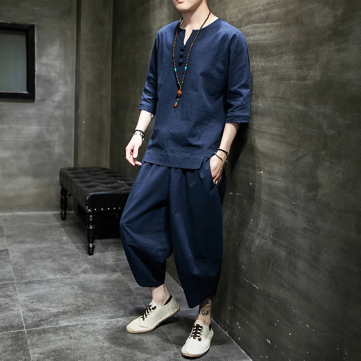 Ensemble T-shirt et Pantalon Japonais en Coton Bleu
