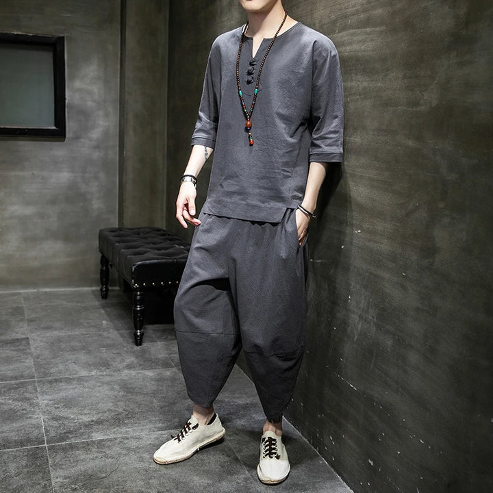 Ensemble T-shirt et Pantalon Japonais en Coton Gris