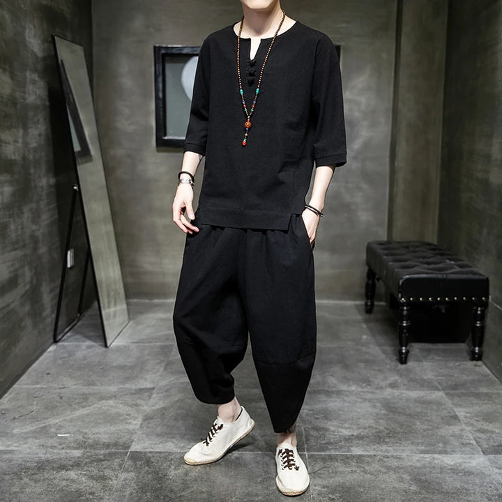 Ensemble T-shirt et Pantalon Japonais en Coton Noir