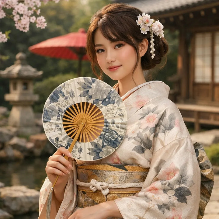 Eventail Japonais Rond Pliable Fleuri Unique