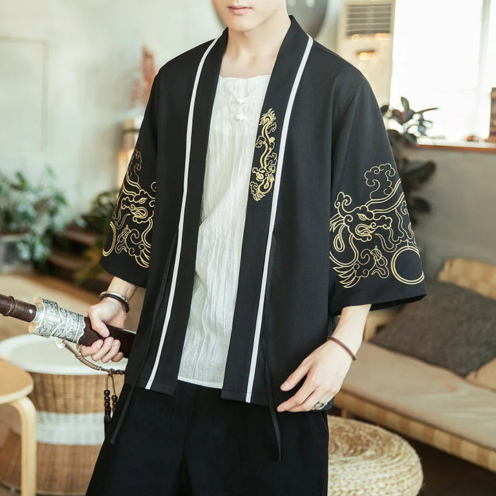 Men's Japanese Kimono Jacket with Gold Patterns