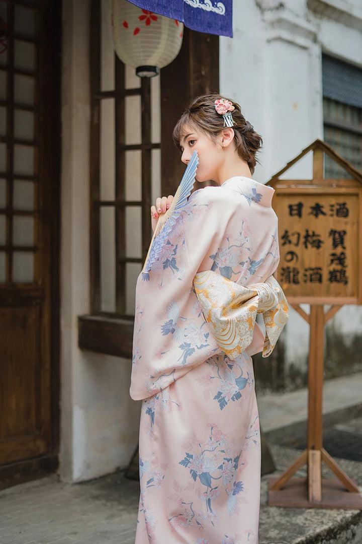 Kimono Traditionnel Rose Pastel Long