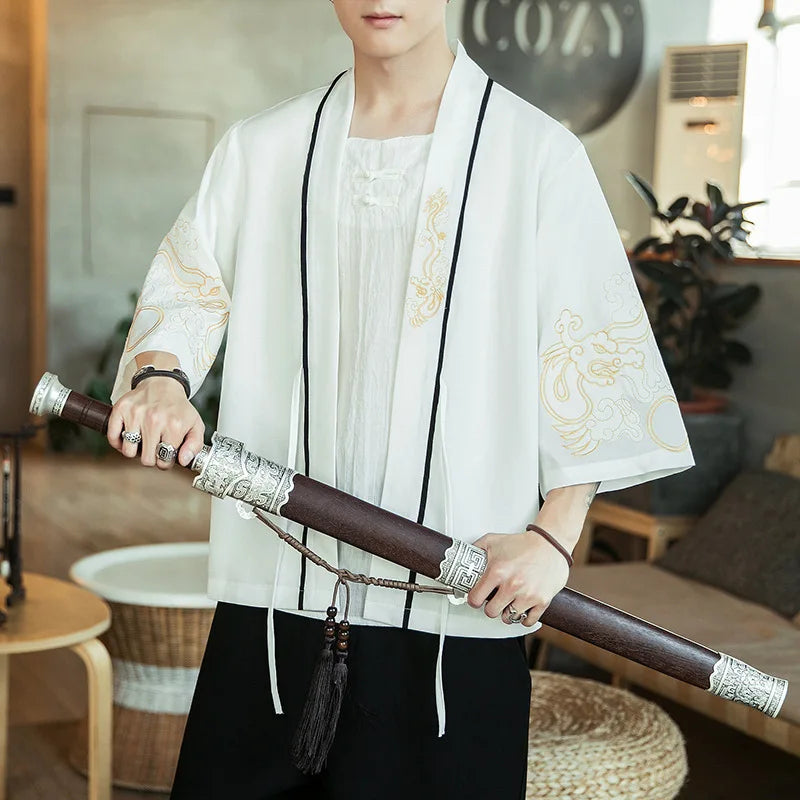 Men's Japanese Kimono Jacket with Gold Patterns