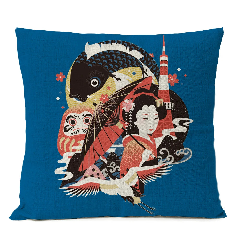 Housse de Coussin à Illustrations Japonaises
