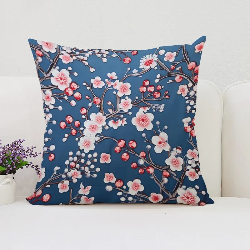 Housse de Coussin Japonaise Bleu Fleurs de Cerisier