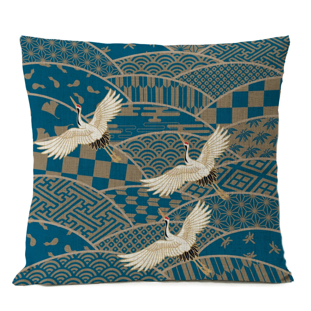 Housse de Coussin Japonaise Bleue Grues