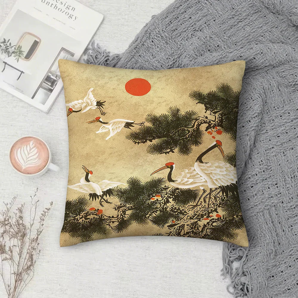 Housse de Coussin Japonaise Carrée Grues