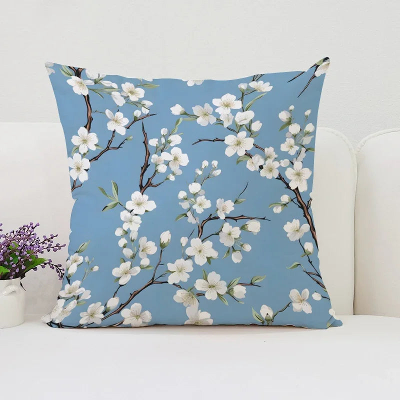 Housse de Coussin Japonaise Florale Bleue Chic