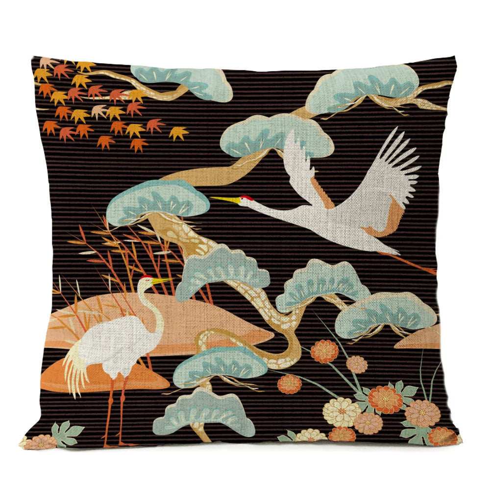 Housse de Coussin Noire Grues