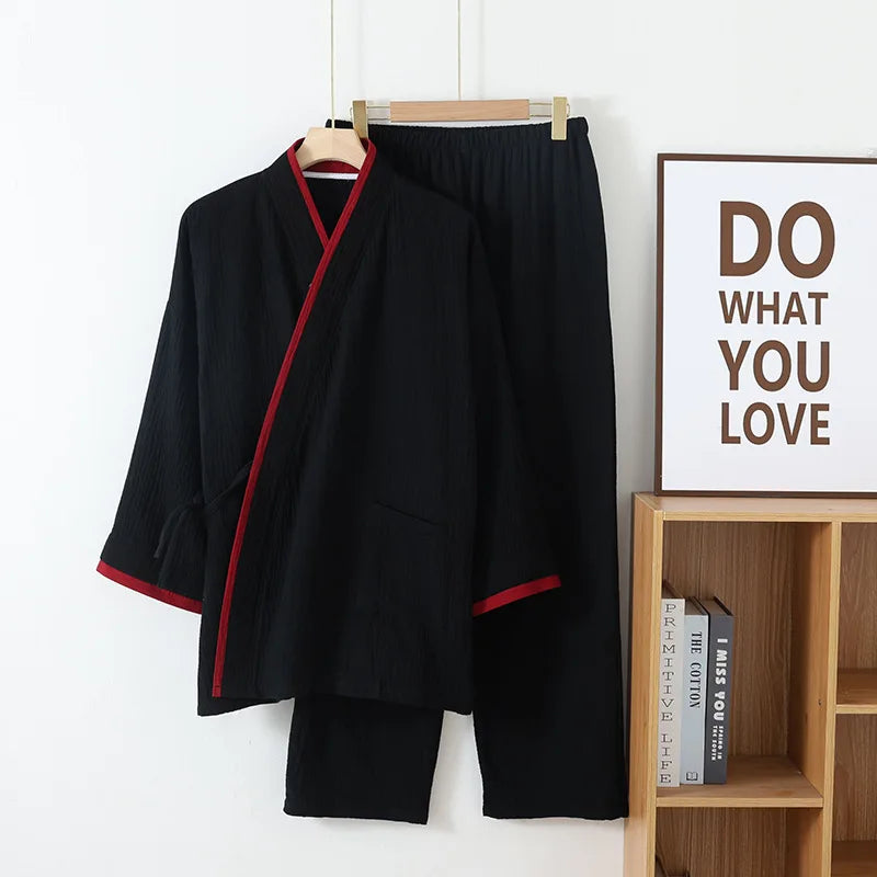 Jinbei Homme à Manches Longues en Coton  noir