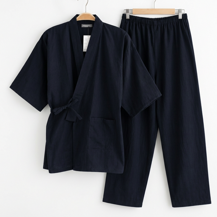Jinbei Homme Uni en Coton bleu foncé