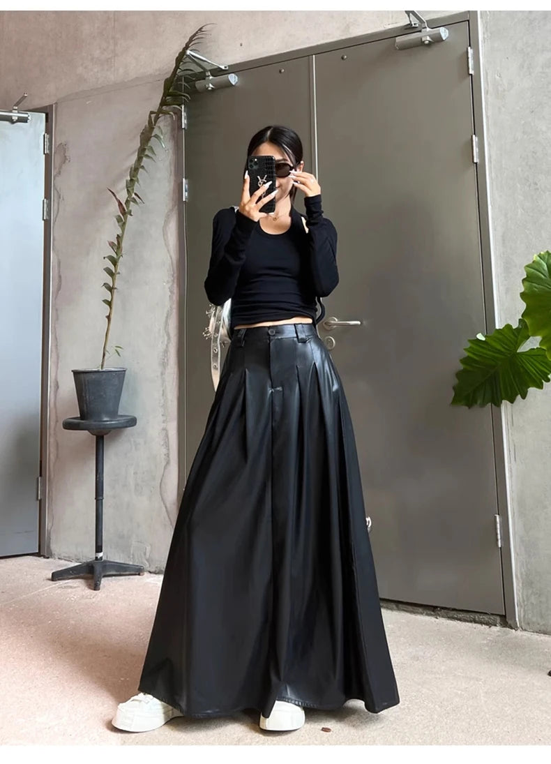 Jupe Japonaise Longue Plissée en Cuir