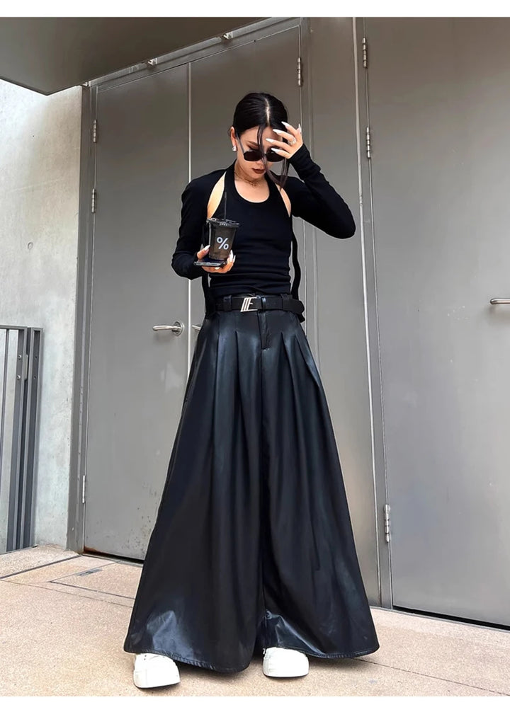 Jupe Japonaise Longue Plissée en Cuir Chic