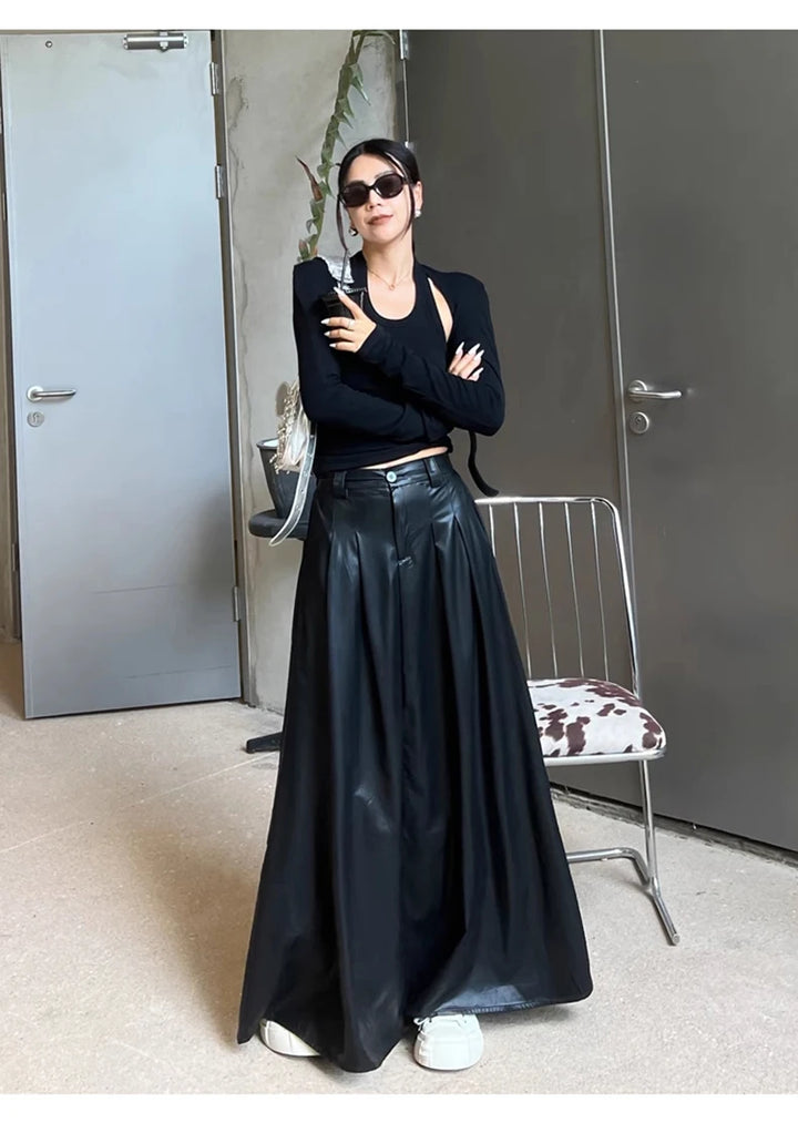Jupe Japonaise Longue Plissée en Cuir Noir