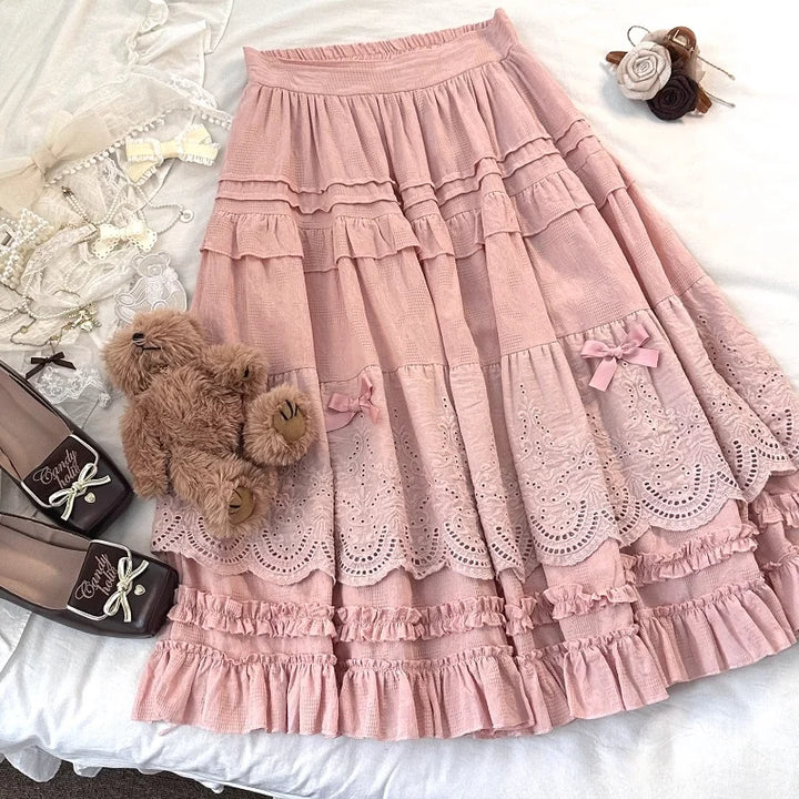 Jupe Japonaise Mi- Longue Dentelles Rose