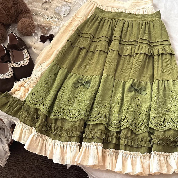 Jupe Japonaise Mi- Longue Dentelles Vert