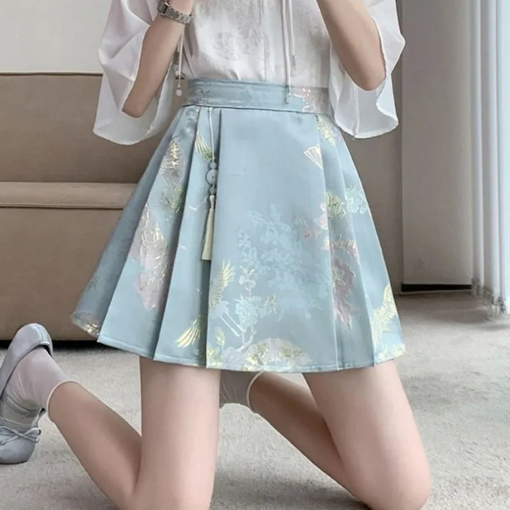 Jupe Japonaise Plissée à Pompon Bleu