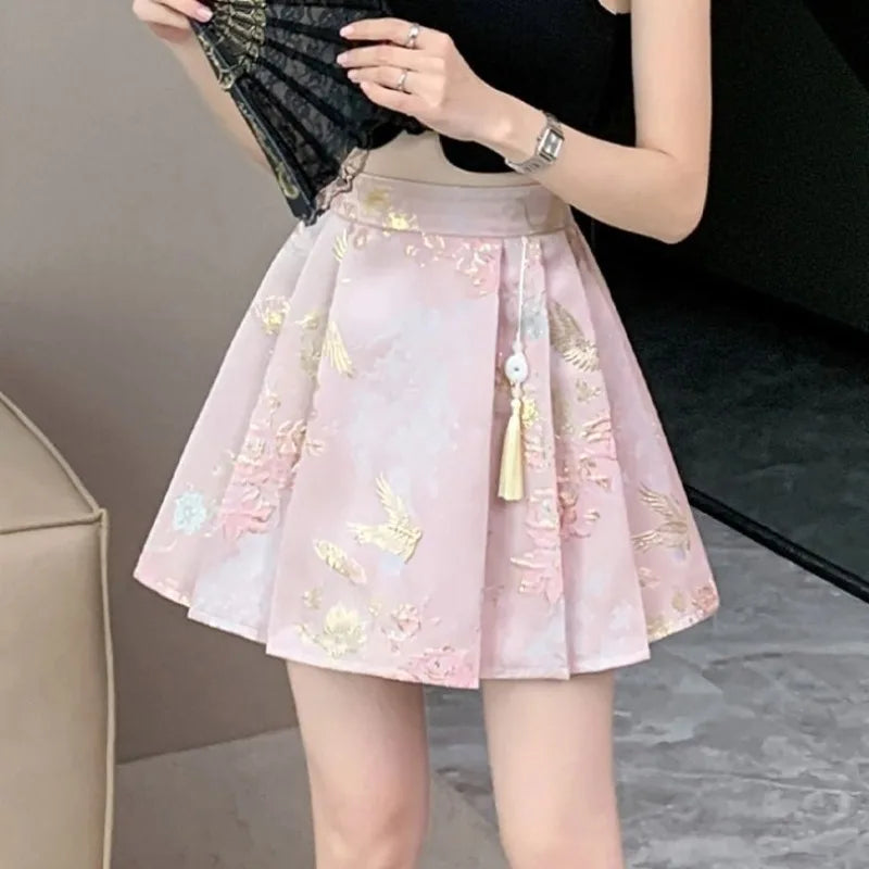 Jupe Japonaise Plissée à Pompon Rose