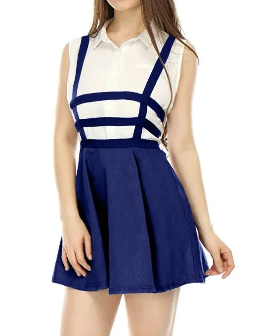 Jupe Trapèze Japonaise à Bretelles Bleu Foncé