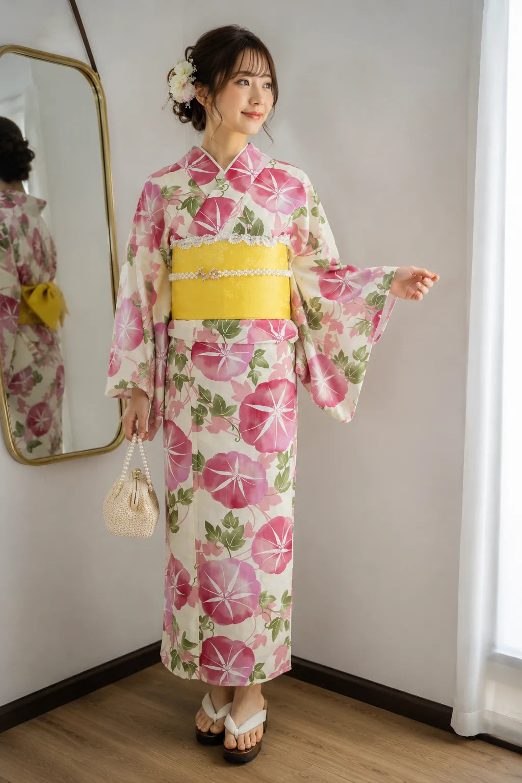 Kimono Japonais Femme Blanc et Rose